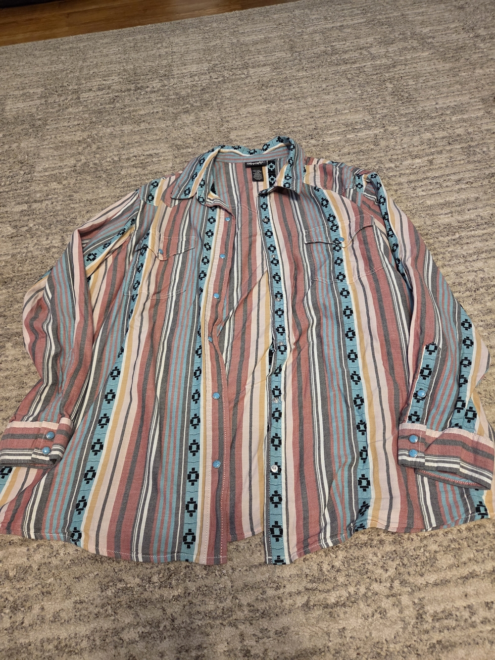 Wrangler Multicolor Vertical Stripe Button-Down Shirt with Turquoise Trim